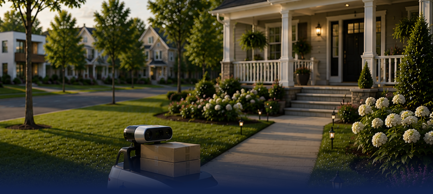 LastFeet autonomous delivery robot approaching a suburban home